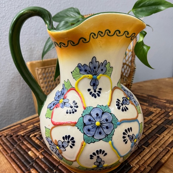 Dining Talavera Flower Pottery Pitcher Made In Mexico Lead Free Hand